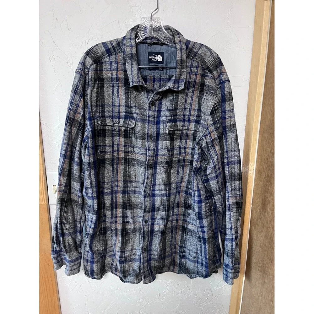 The North Face Men's Plaid Flannel Shirt XXL Blue Gray Button Up‎ Long Sleeve